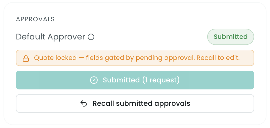 The configurator's Approvals panel — rule chips (Required/Submitted), Submit for approval, the lock banner, and Recall submitted approvals