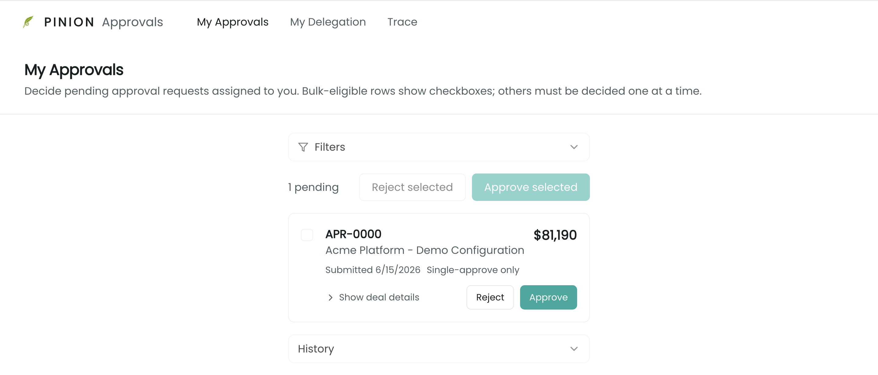 The Approvals app on the My Approvals tab — the My Approvals / My Delegation / Trace tabs with pending request cards