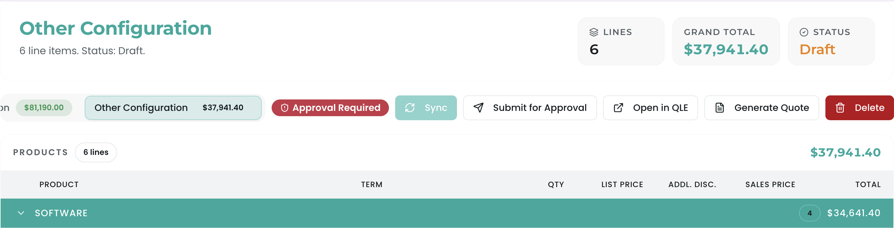 Product Display showing a saved configuration in the approval-required state with the Submit for Approval button