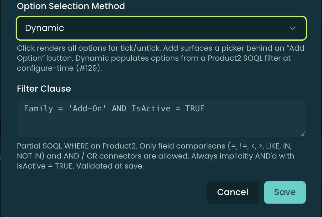The Feature editor with Dynamic selected, showing the Filter Clause field with a partial SOQL WHERE on Product2