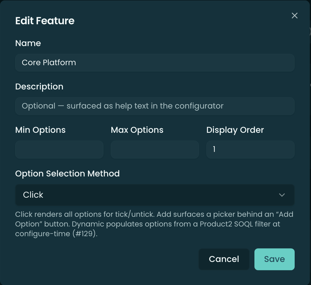 The Bundle Feature editor — Name, Description, Min Options, Max Options, Display Order, and the Option Selection Method (Click / Add / Dynamic)