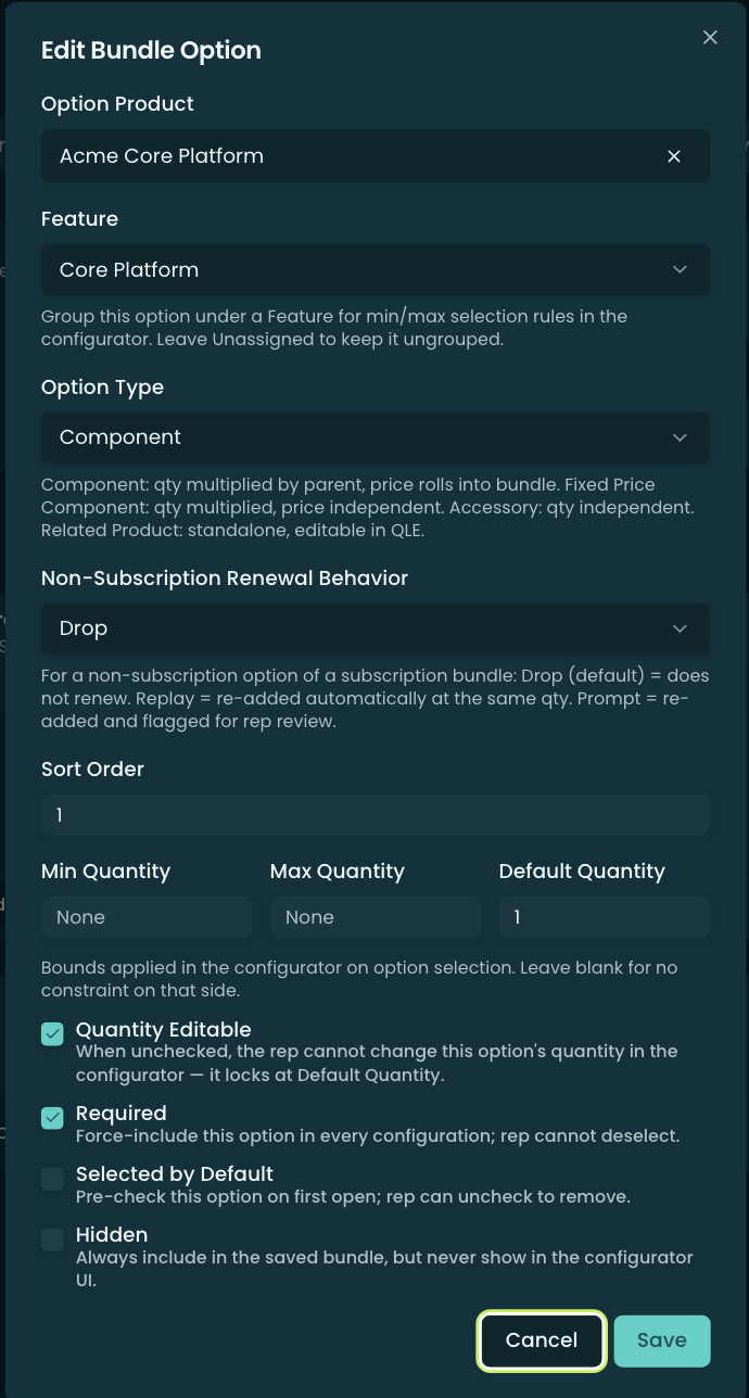 The Bundle Option editor — Option Product search, Feature selector, Option Type, Non-Subscription Renewal Behavior, Sort Order, Min/Max/Default Quantity, and the Required / Selected by Default / Hidden / Quantity Editable checkboxes