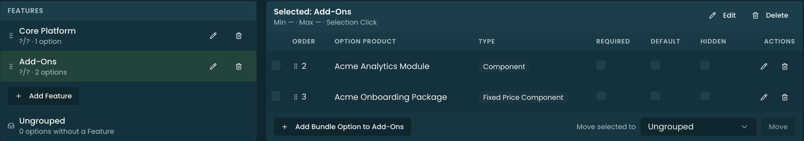 The Options pane on the Bundling tab listing a bundle's options with their type and flags at a glance