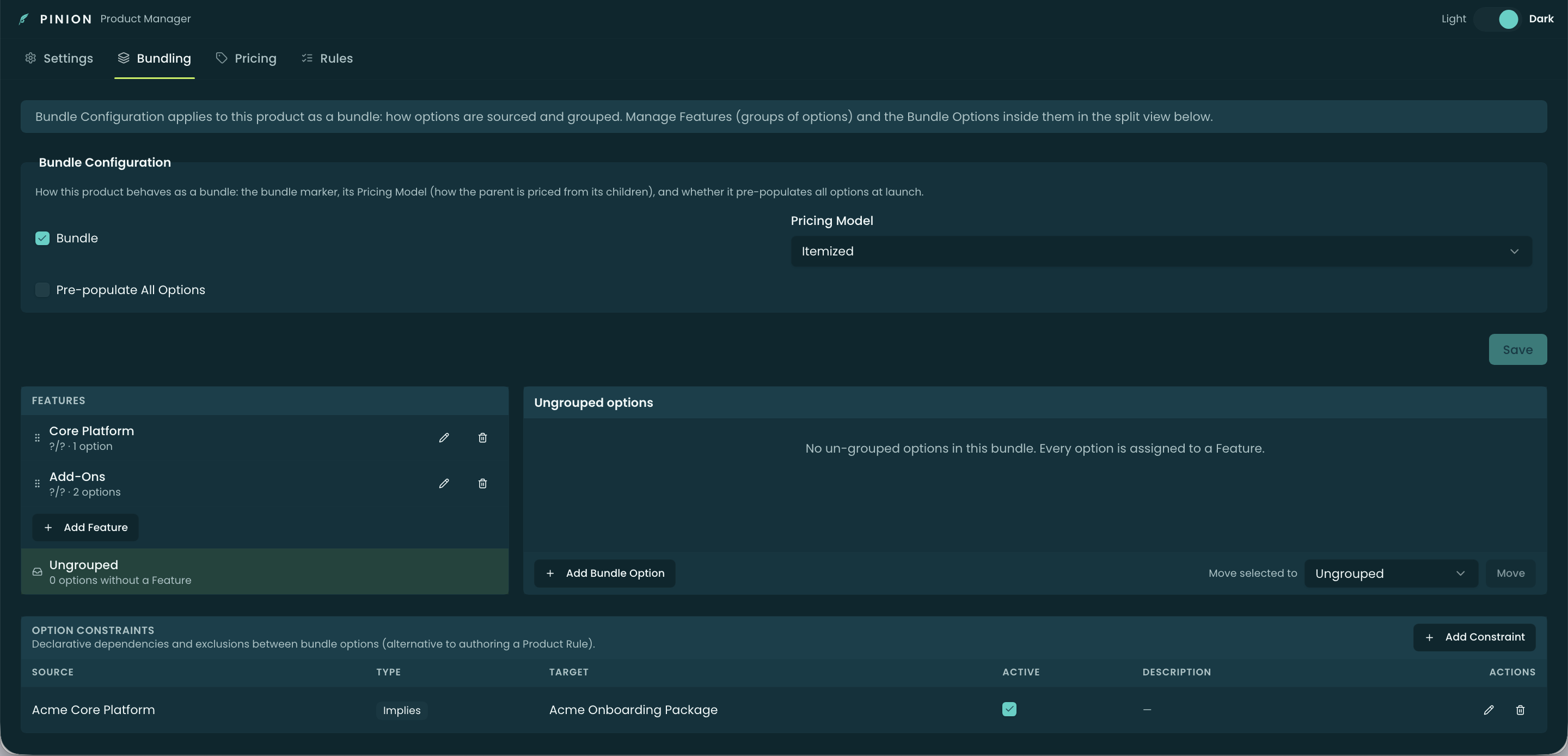 The Bundling tab in Product Manager — the Bundle Configuration form (Bundle marker, Pricing Model, Pre-populate All Options) above the split-pane Features and Options lists
