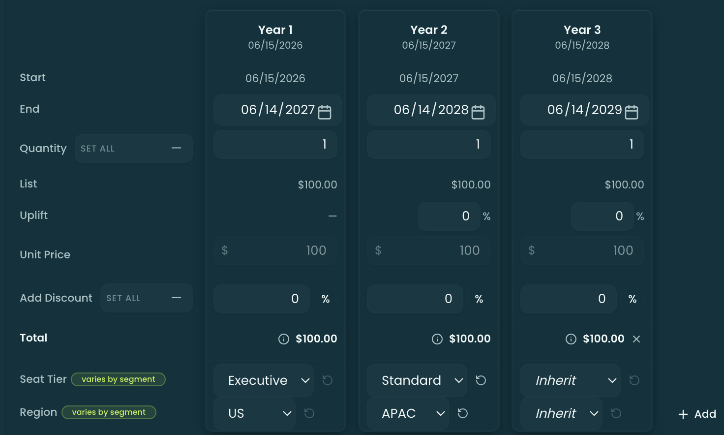 An MDQ segment grid across Year 1 / Year 2 / Year 3 with dimensionally-variable Seat Tier and Region rows — Year 1 defining (Executive, US), Year 2 overriding (Standard, APAC), Year 3 inheriting