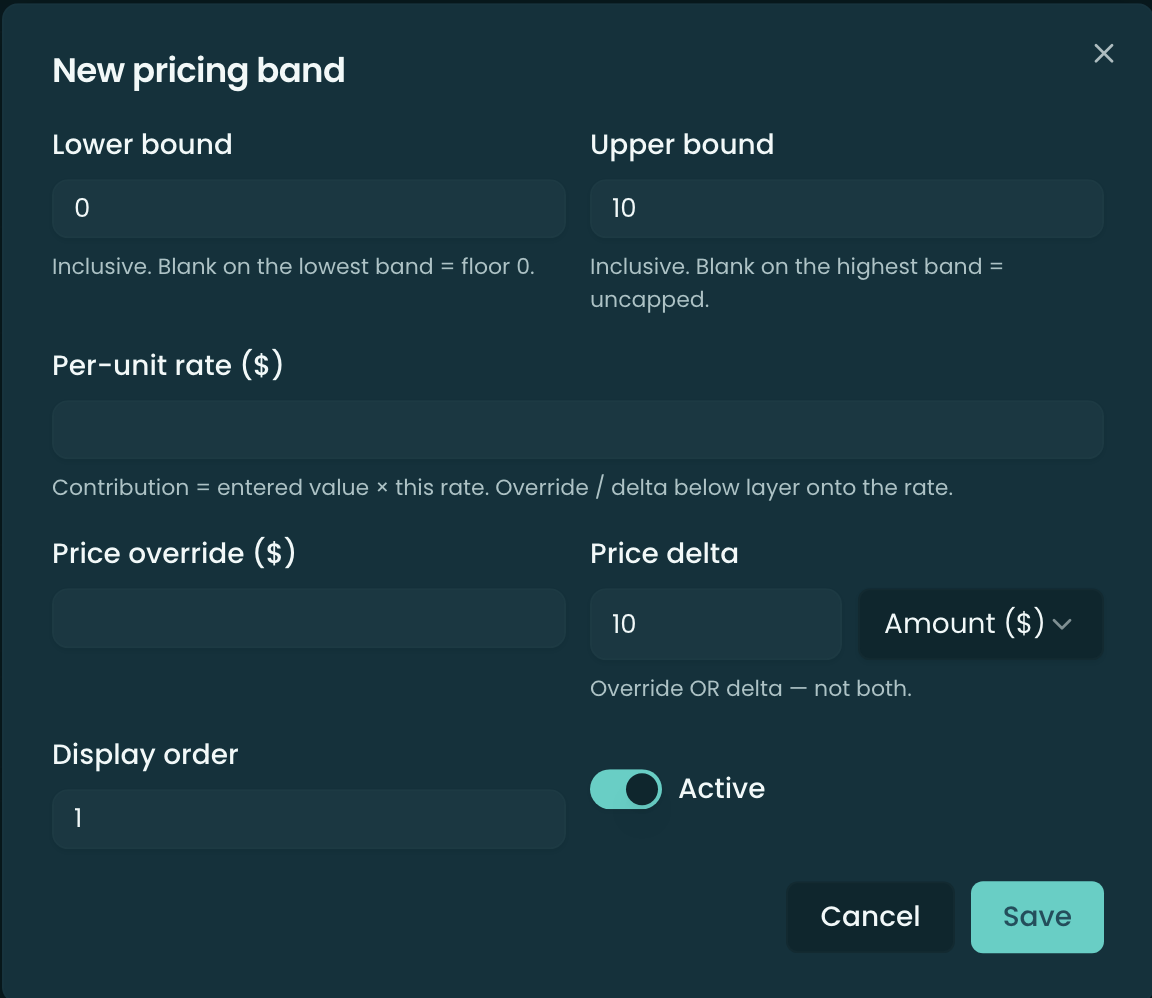 The New pricing band dialog showing Lower bound, Upper bound, Per-unit rate, Price override, Price delta with unit selector, Display order, and Active