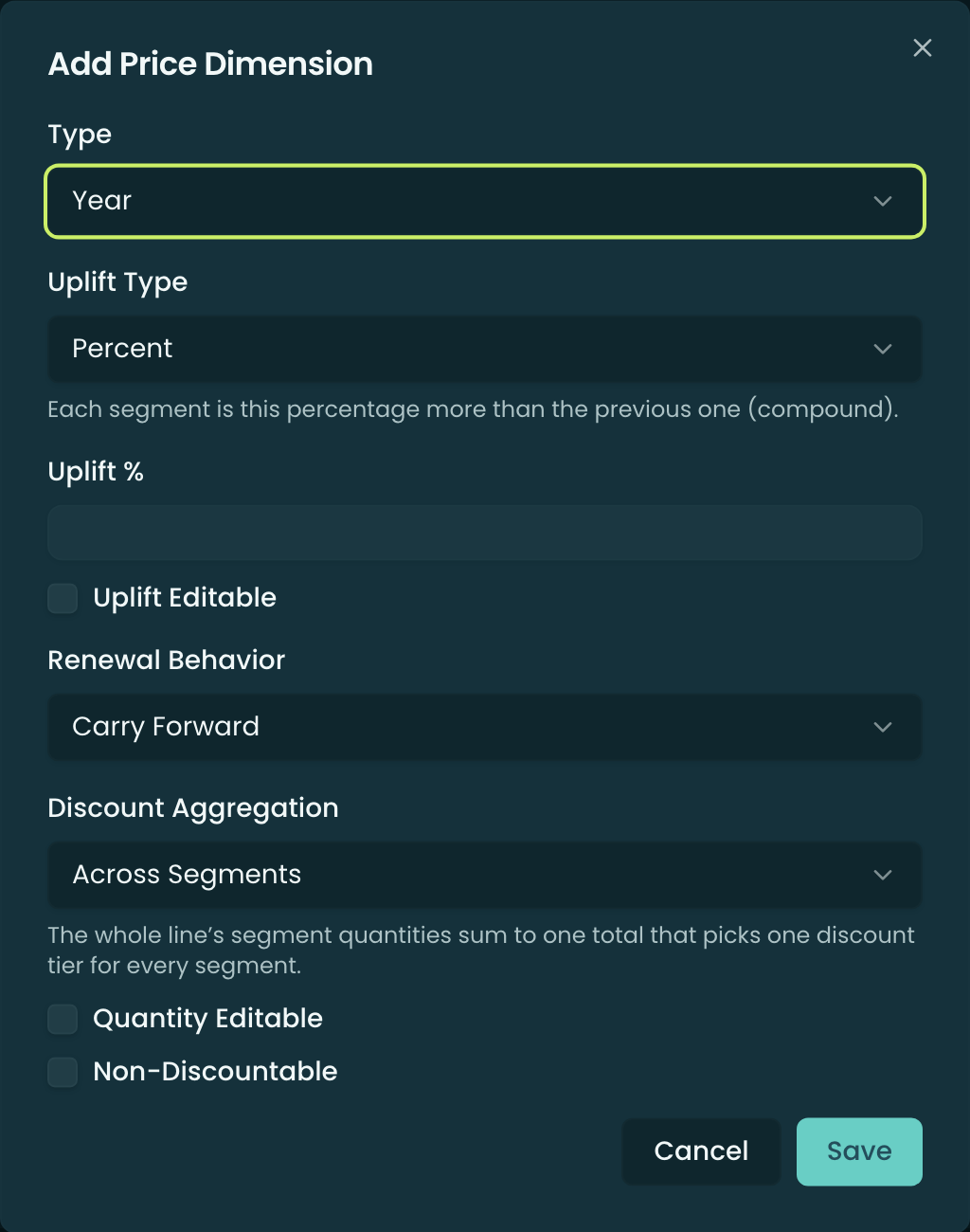 The Add Price Dimension dialog for a time dimension — Type, Uplift Type, Uplift %, Uplift Editable, Renewal Behavior, Discount Aggregation, Quantity Editable, and Non-Discountable