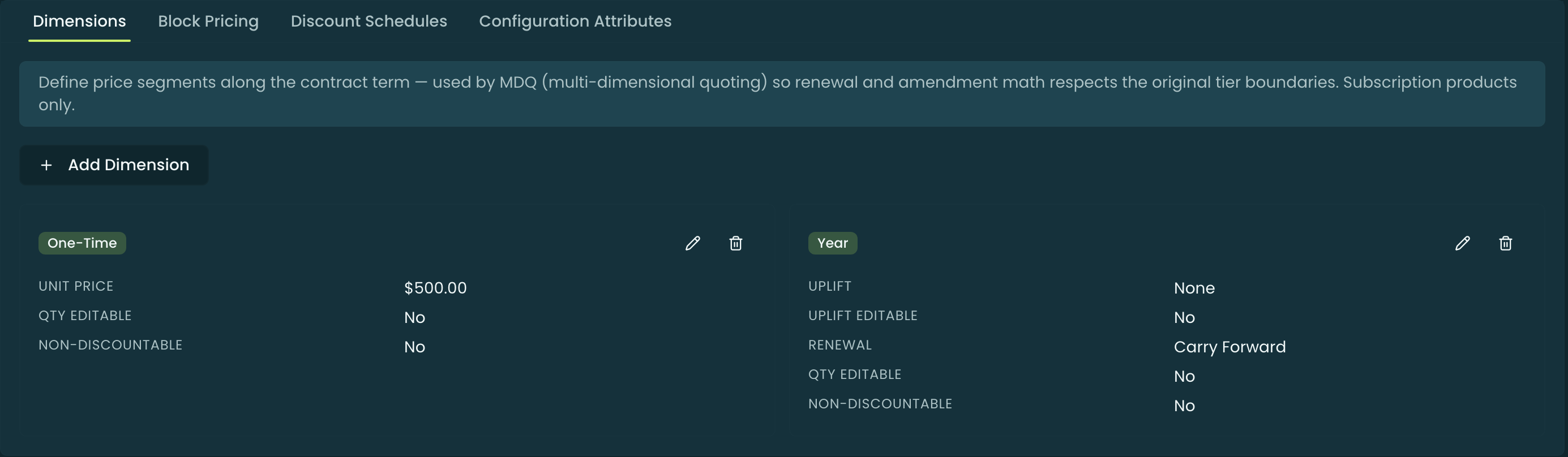 The Dimensions tab on a subscription product showing a configured dimension card with its Type, uplift, renewal, and editability