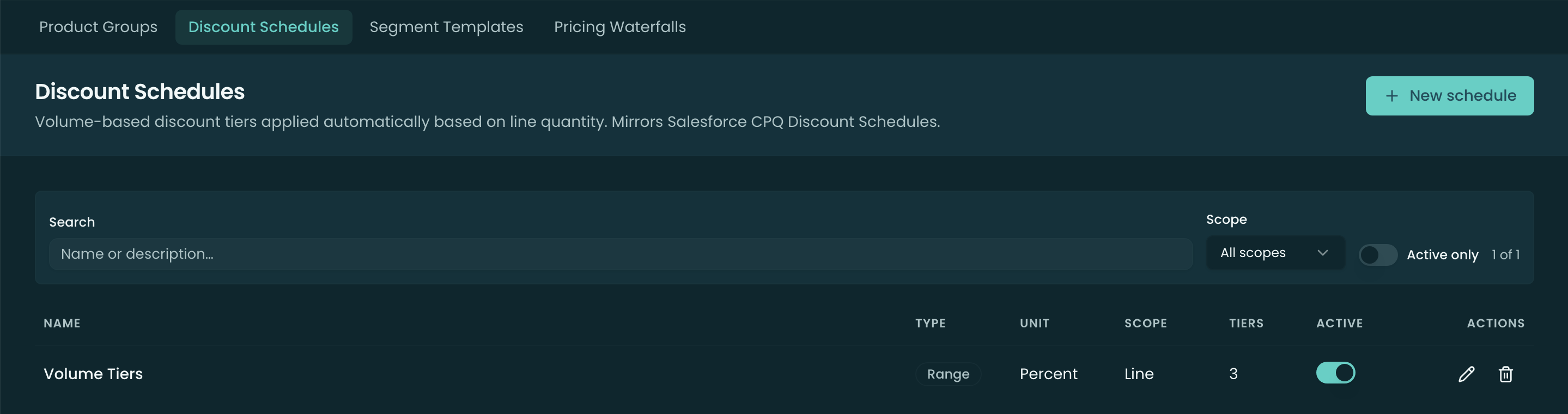 The Discount Schedules list in the Pinion admin app — schedules with Name, Type, Unit, Scope, tier count, and an Active toggle, plus search and scope/active filters