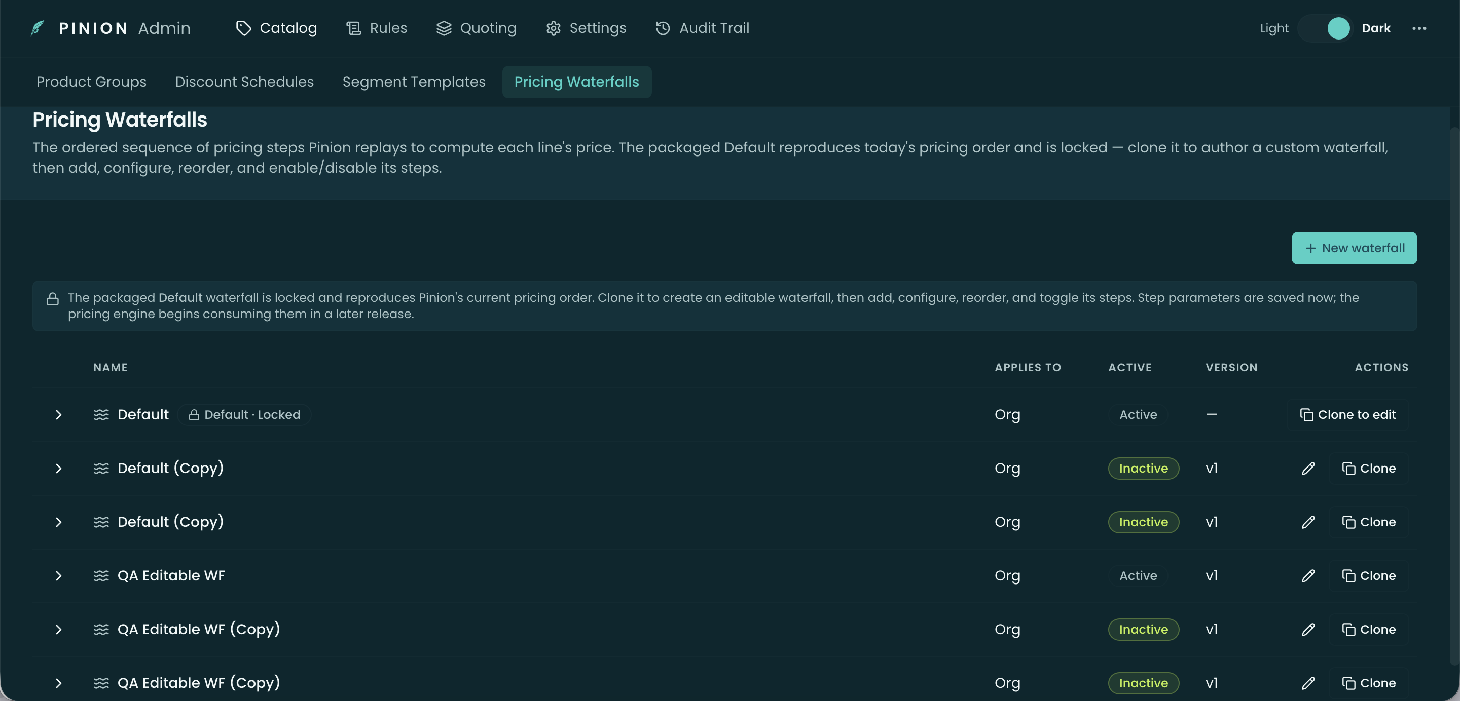 The Pricing Waterfalls list showing the locked packaged Default with a Default · Locked badge, Applies To / Active / Version columns, and a Clone to edit action