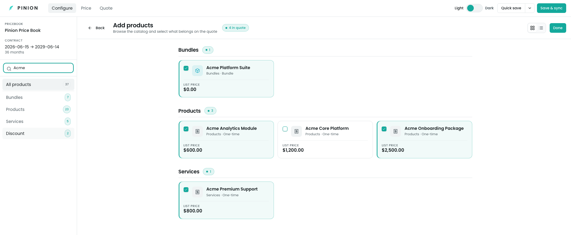 The Configurator Configure tab showing products organized under the group headings configured on the Product Groups page