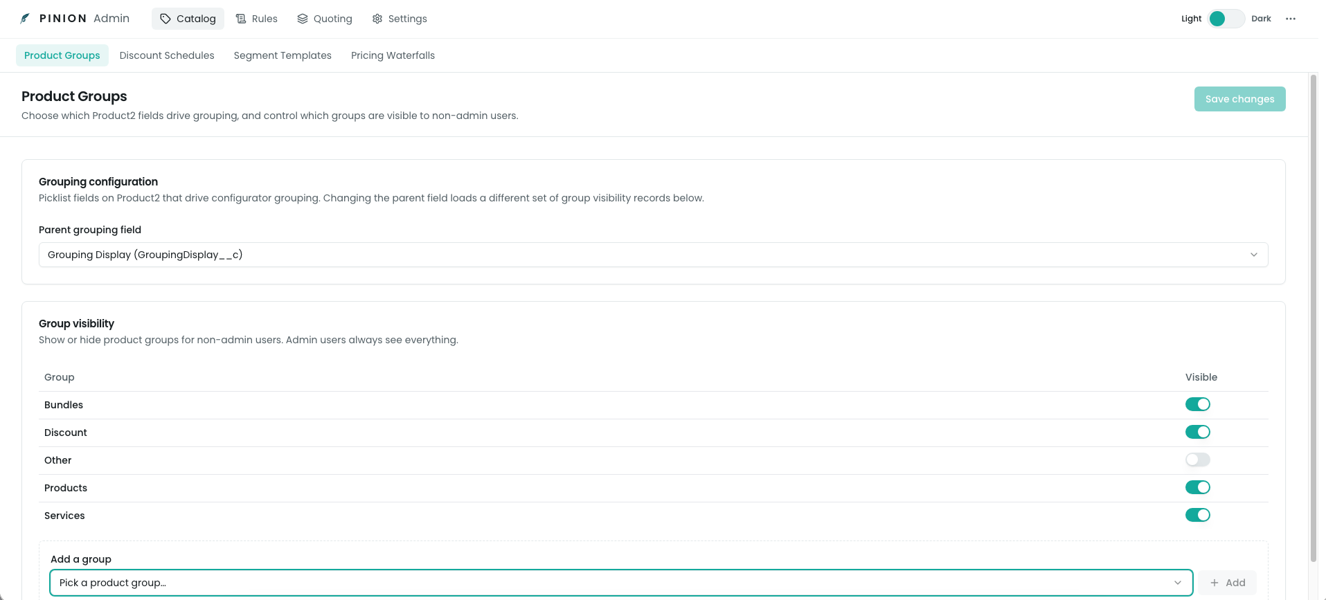 The Product Groups page: the grouping-field selector at the top and a table of groups with visibility toggles