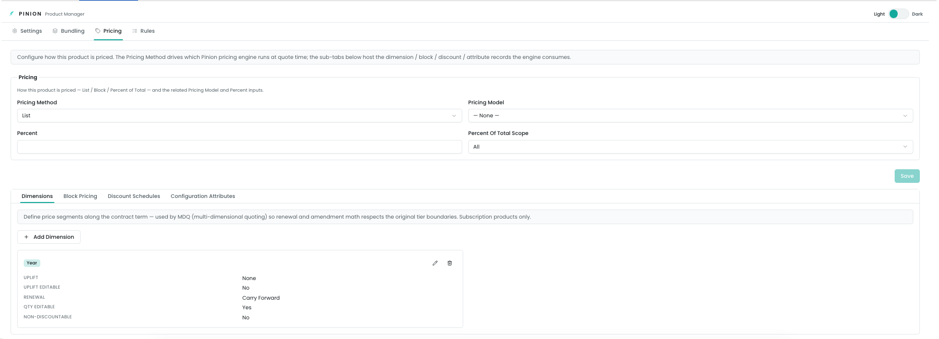 Product Manager open on a product, Pricing tab, showing the Configuration Attributes, Dimensions, and Block Pricing sub-tabs
