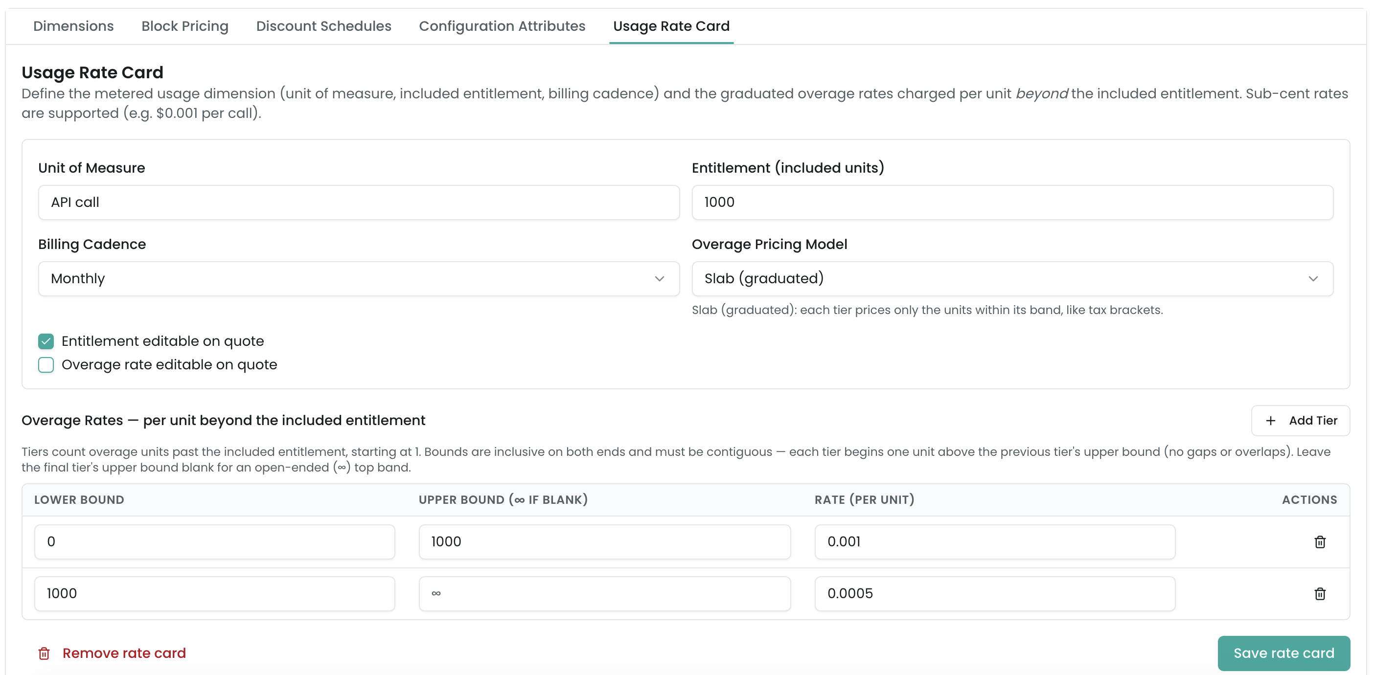 The Usage Rate Card editor on a usage-based product — the usage dimension fields (unit of measure, entitlement, billing cadence, editability toggles) above an Overage Rates tier grid with contiguous sub-cent tiers, an Add Tier button, an Overage Pricing Model selector, and Save