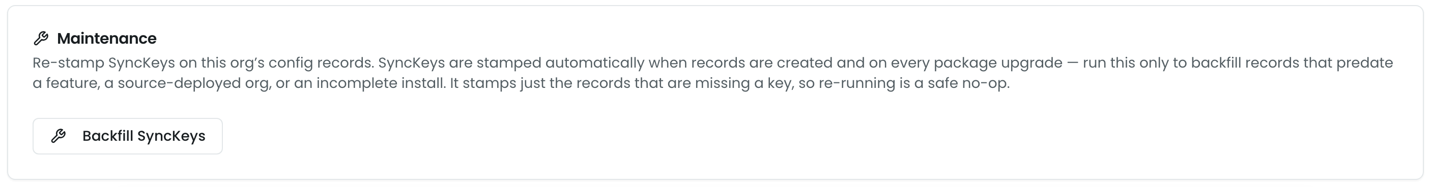 The Maintenance card on the Deploy to Sandbox tab, with a Backfill SyncKeys button