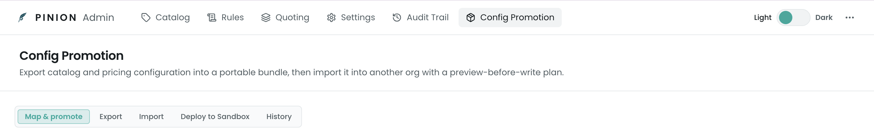 The Config Promotion page in the Pinion admin app, showing the tab bar: Map & promote, Export, Import, Deploy to Sandbox, History