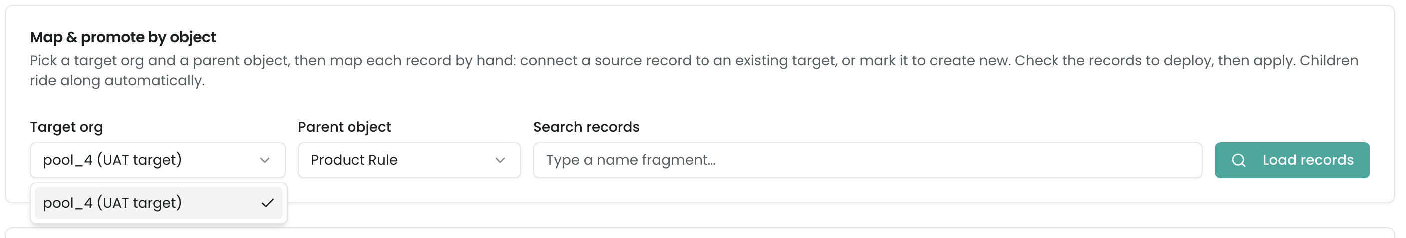 A target picker in a Config Promotion tab, showing registered connected targets listed by their friendly labels
