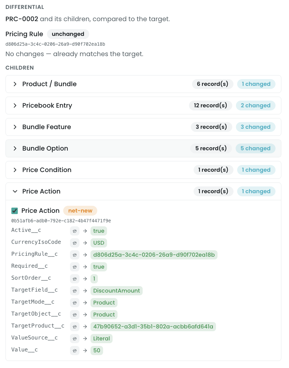 The Differential column showing a parent's field deltas (current → incoming) and an expandable Children group with per-child include/exclude checkboxes and an excluded badge