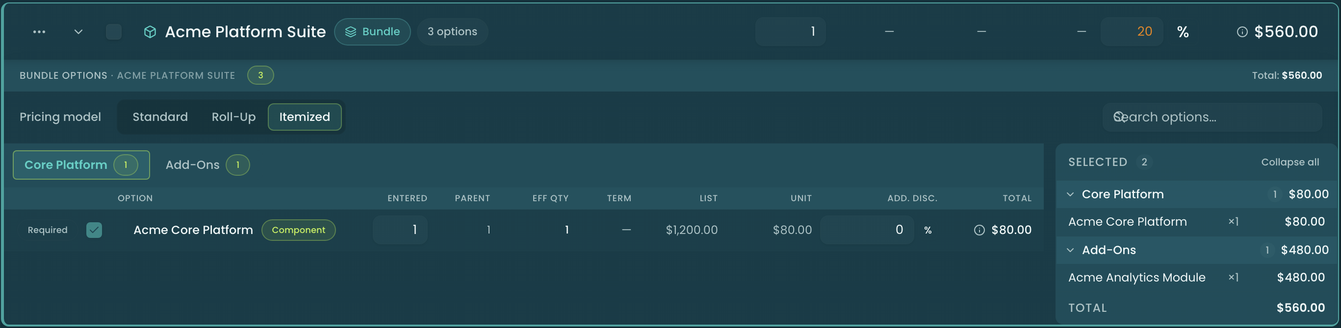 The bundle options drawer for Acme Platform Suite — a Pricing model selector (Standard / Roll-Up / Itemized), a search box, Feature tabs (Core Platform, Add-Ons), the option rows for the active feature, and a Selected side panel with per-feature totals