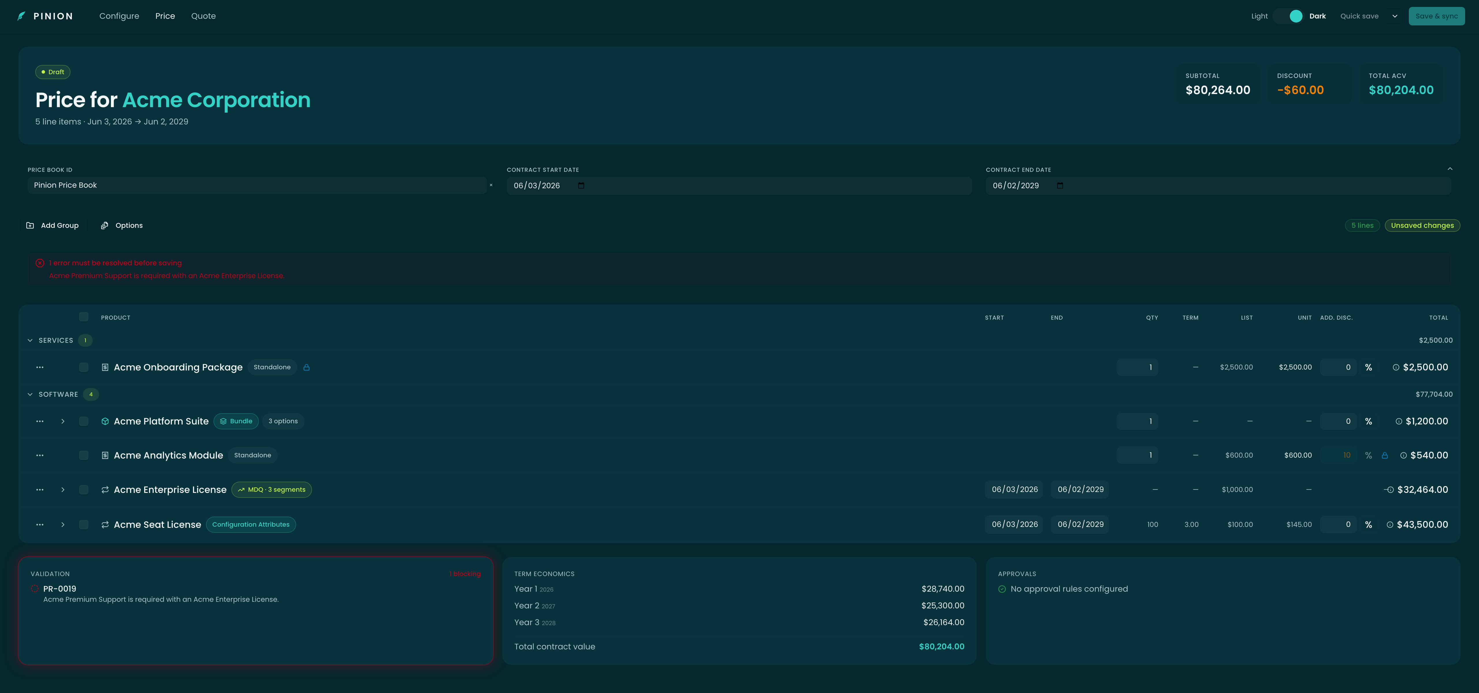 The Configurator with the Configure/Price/Quote tab bar, a built configuration, and the summary sidebar showing price book, term, and grand total
