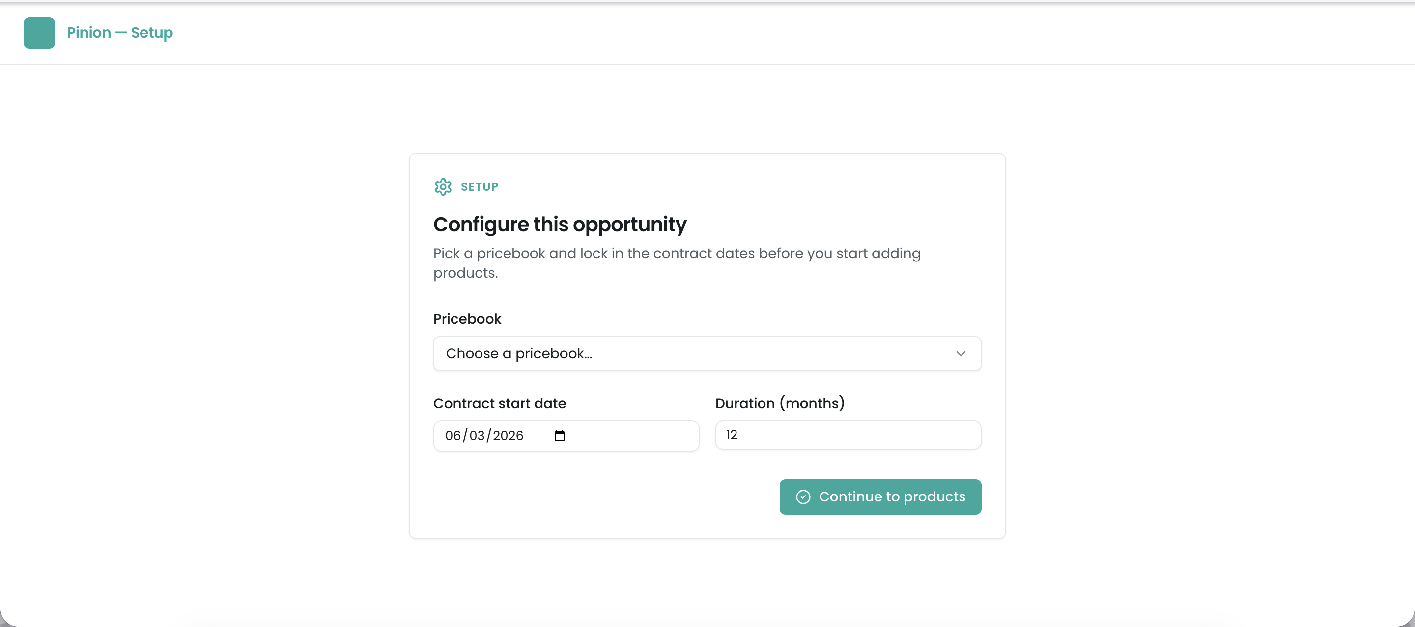 The Configurator Setup step — choose a price book and set contract start and end dates