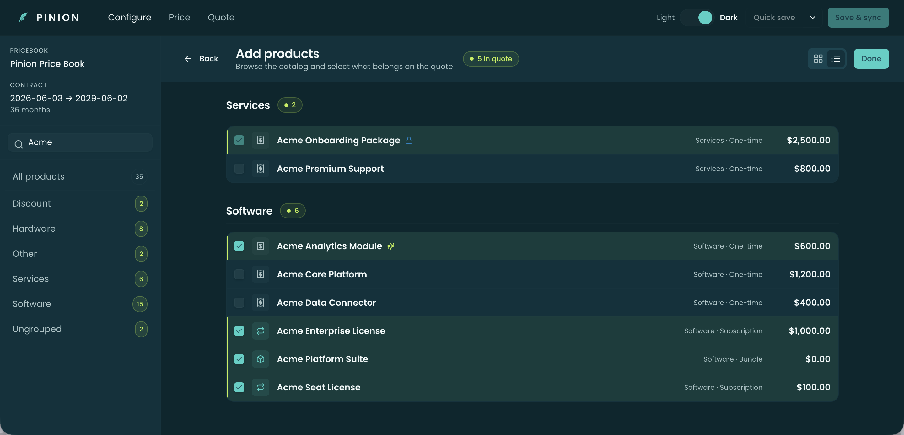 The Configure tab catalog filtered to Acme products, grouped into Services and Software