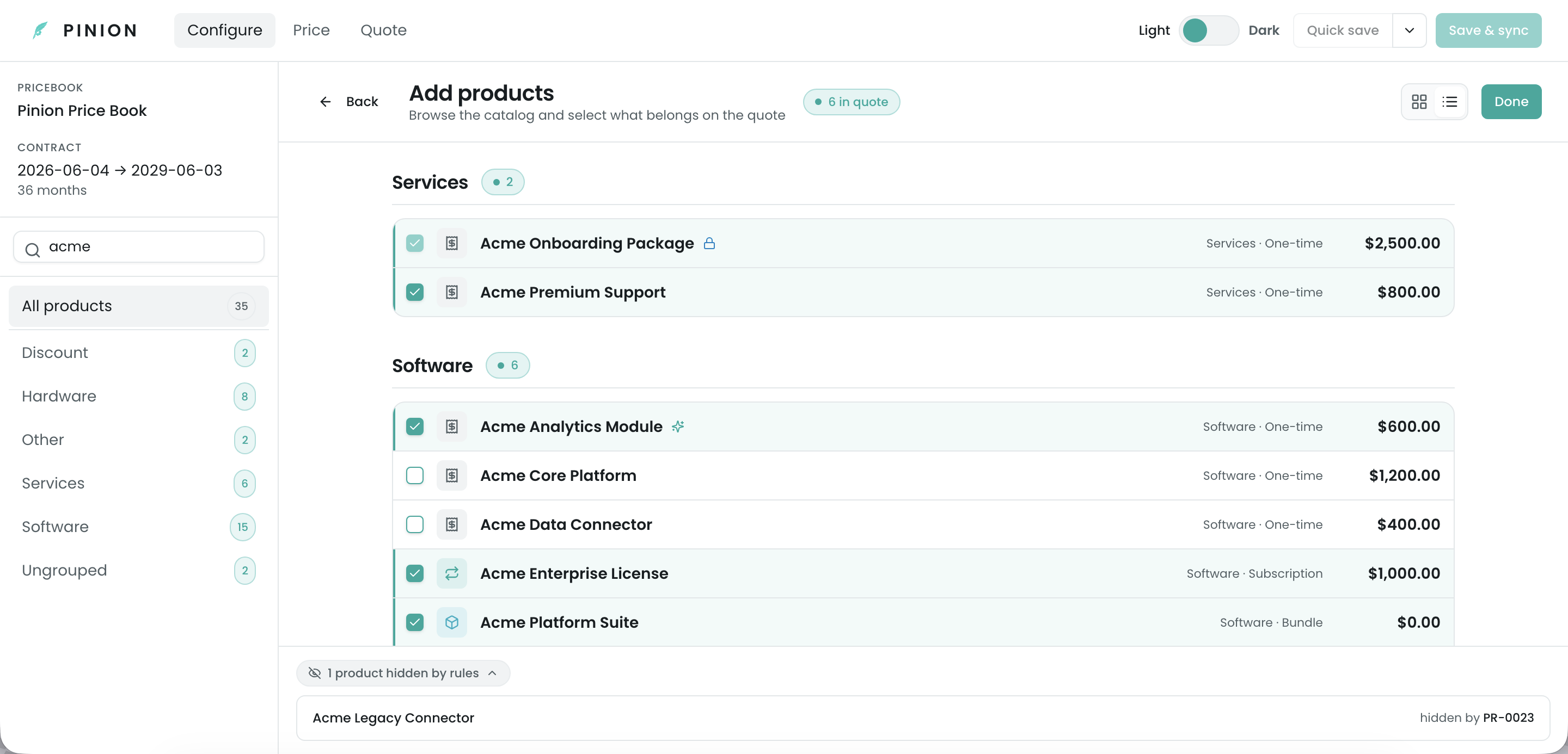 The Configure catalog with a 'hidden by rules' chip expanded to show a hidden product and its firing rule