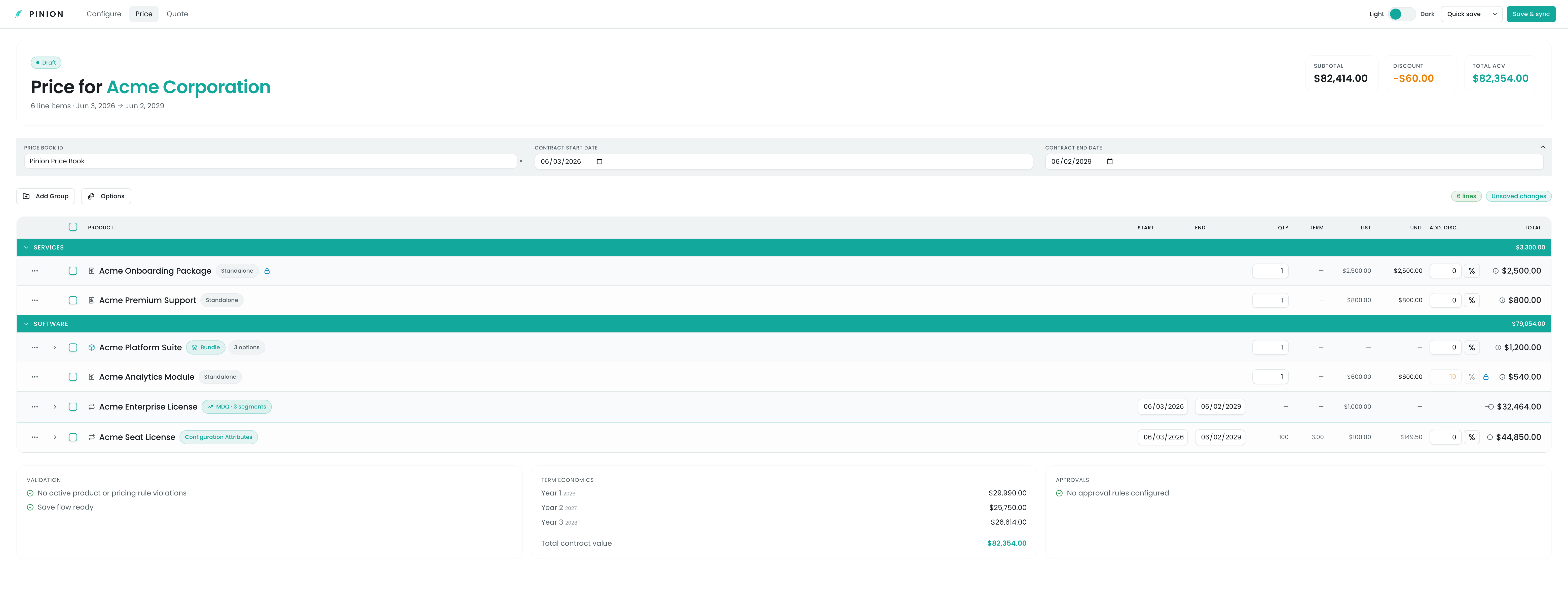 The Price tab grid with grouped lines, bundle subtotals, and the Subtotal / Discount / Total ACV header