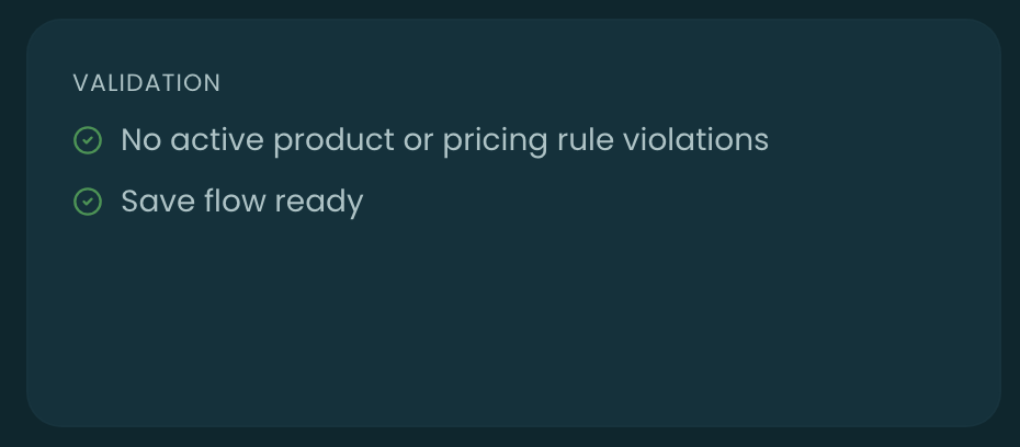 The Validation card showing two green checkmarks: no active violations, and save flow ready