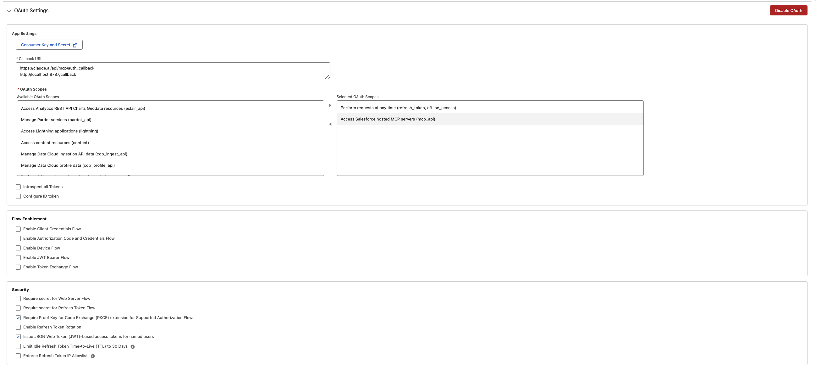 The Pinion MCP External Client App OAuth settings — enabled OAuth, the AI tool's callback URL, mcp_api and refresh_token scopes, PKCE enabled