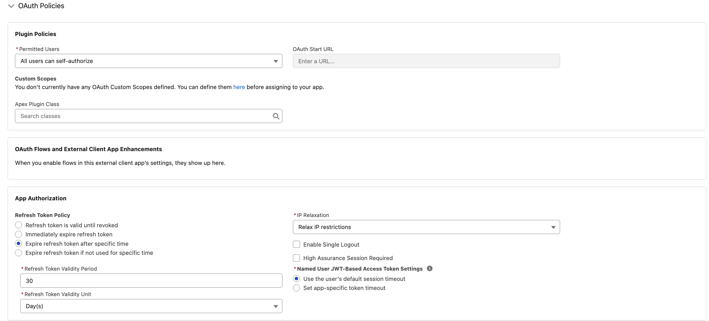 The External Client App OAuth Policies screen with JWT-based access tokens enabled and IP restrictions relaxed