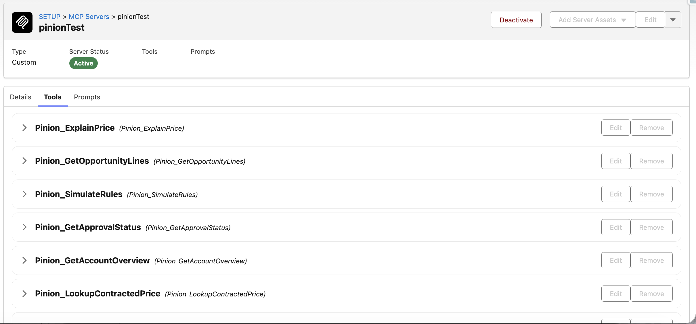 The Pinion MCP server in Salesforce Setup, showing Active status, its tools, and the Authentication Details Server URL