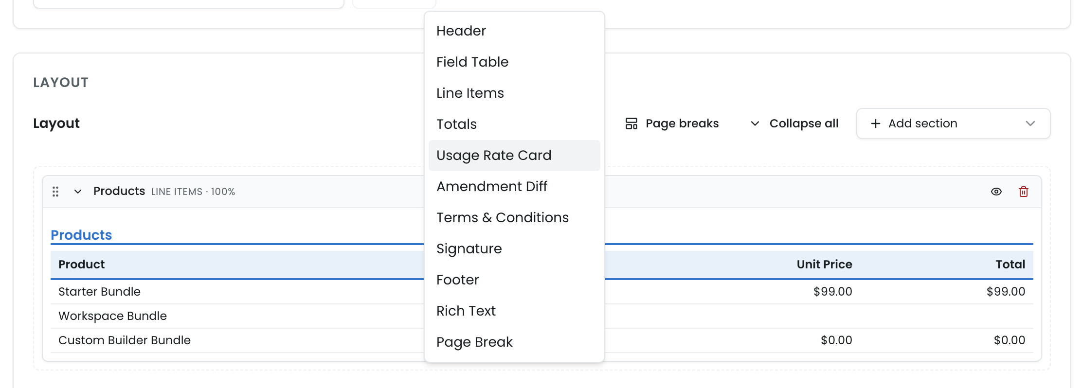 The quote-template editor's Add Section palette open with Usage Rate Card highlighted, sitting alongside Line Items and Totals