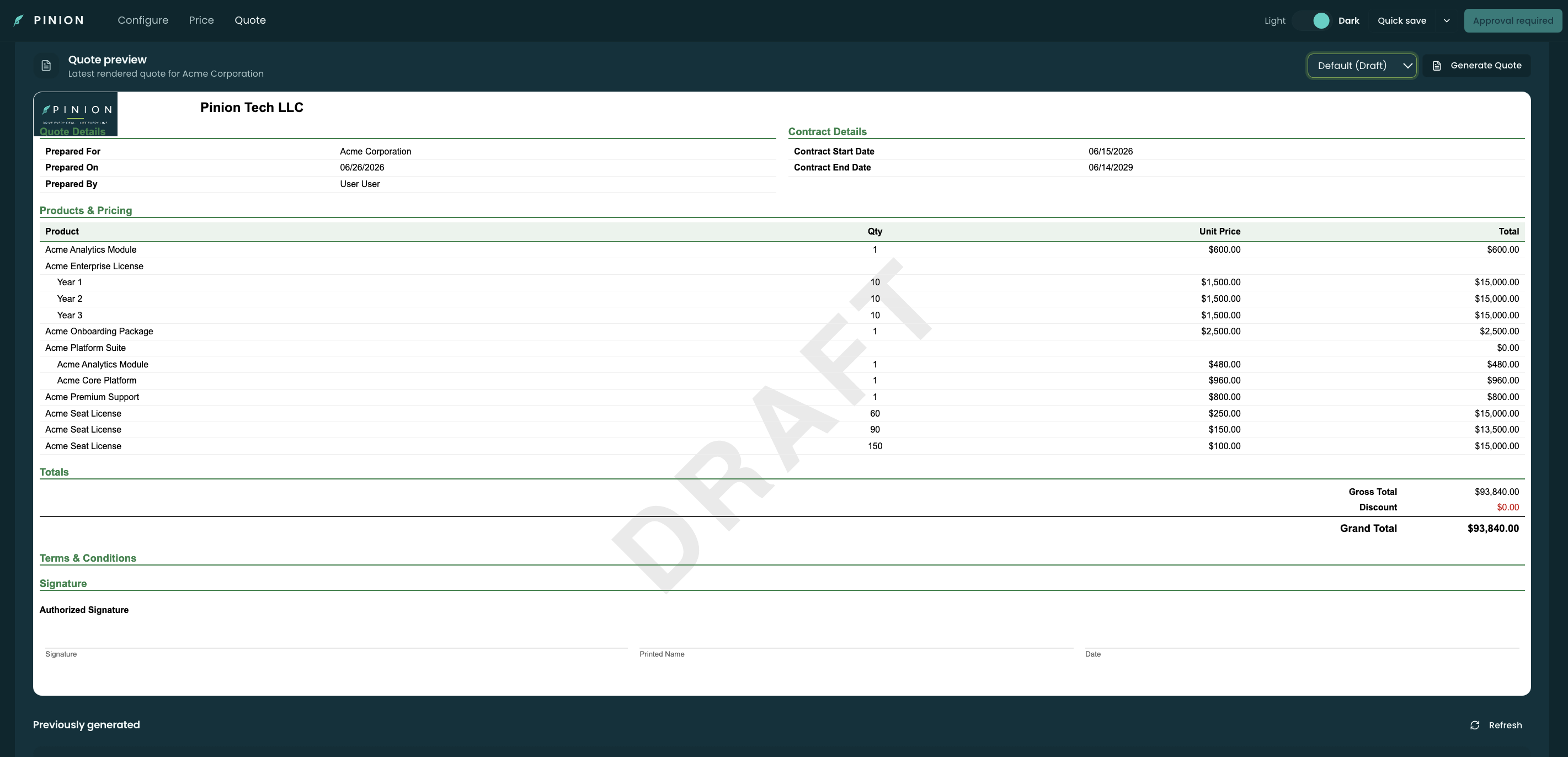 The configurator's Quote tab — a live PDF quote preview with a DRAFT watermark, a watermark selector, a Generate Quote button, and a Previously-generated control