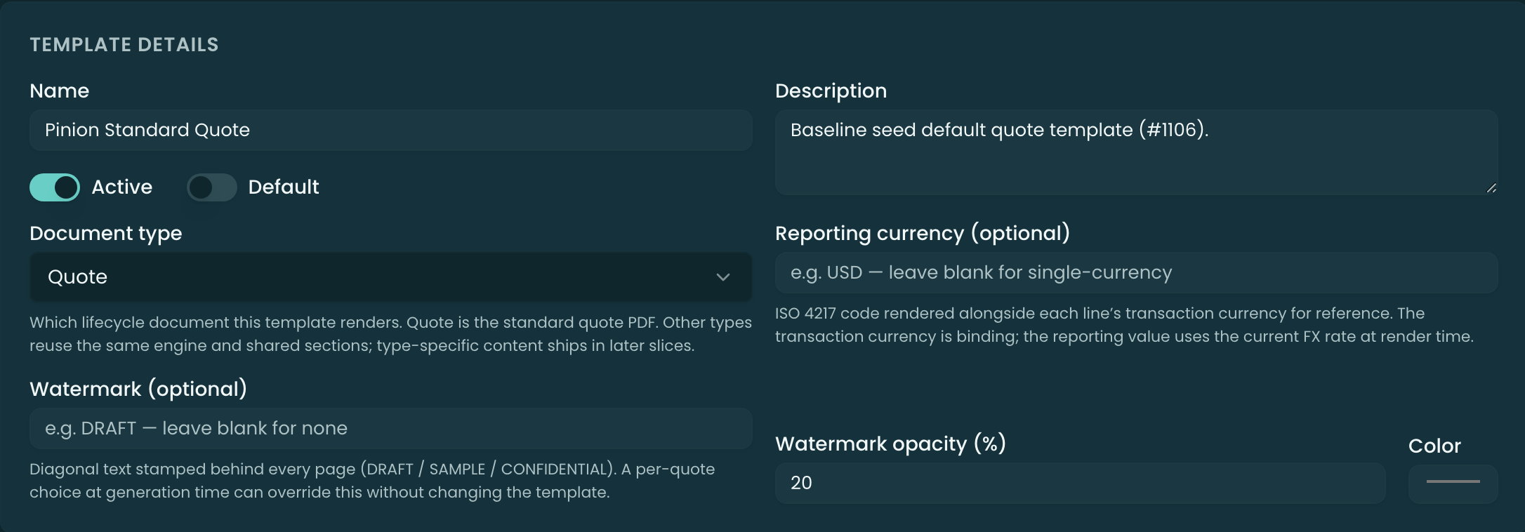 The Template details area of the editor — Name, Description, Document Type selector, and Active / Default