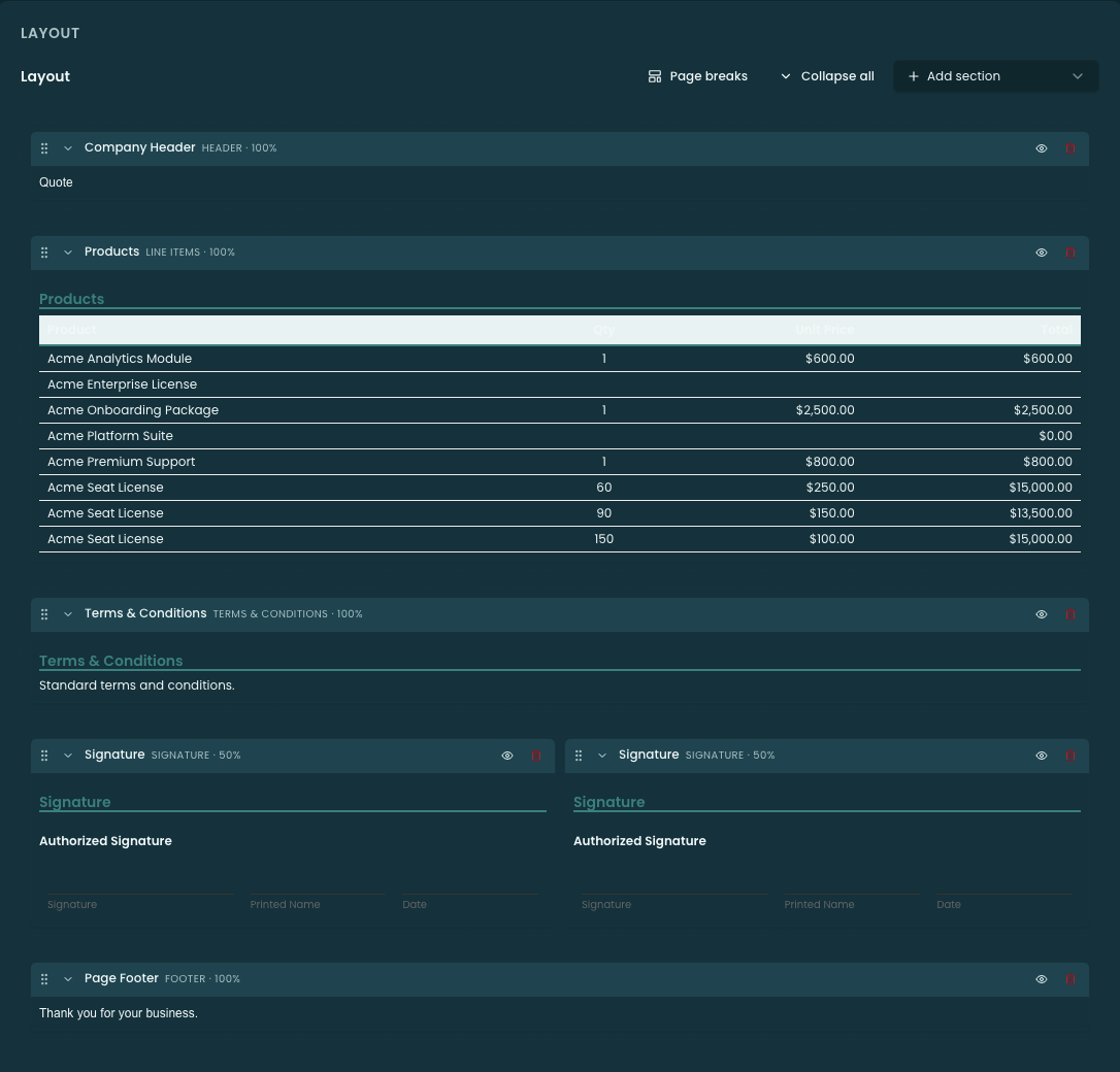 The Layout canvas — a palette of section types and the canvas with stacked sections (header, line items, totals, terms, signature) plus the selected section's config panel