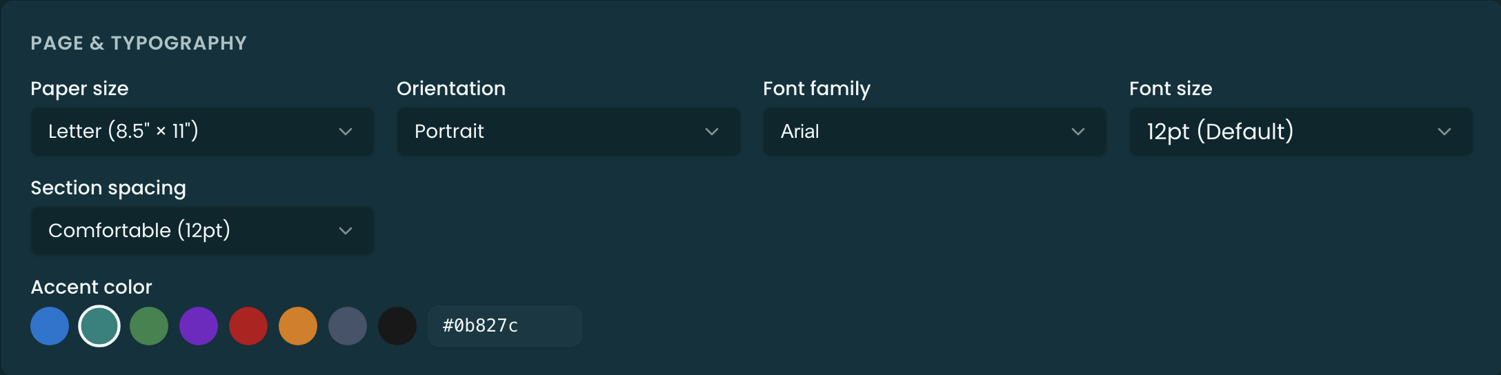 The Page & typography area — paper size (Letter / A4), orientation, margins, font family, and font size