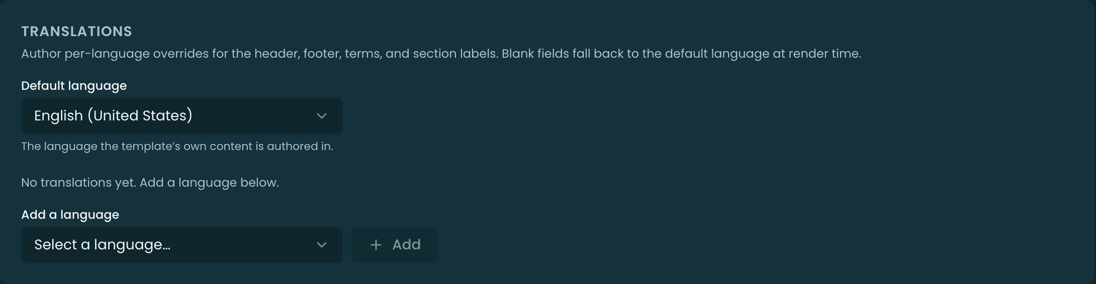 The Translations card in the quote-template editor — a list of locales with translated header, footer, and terms for each