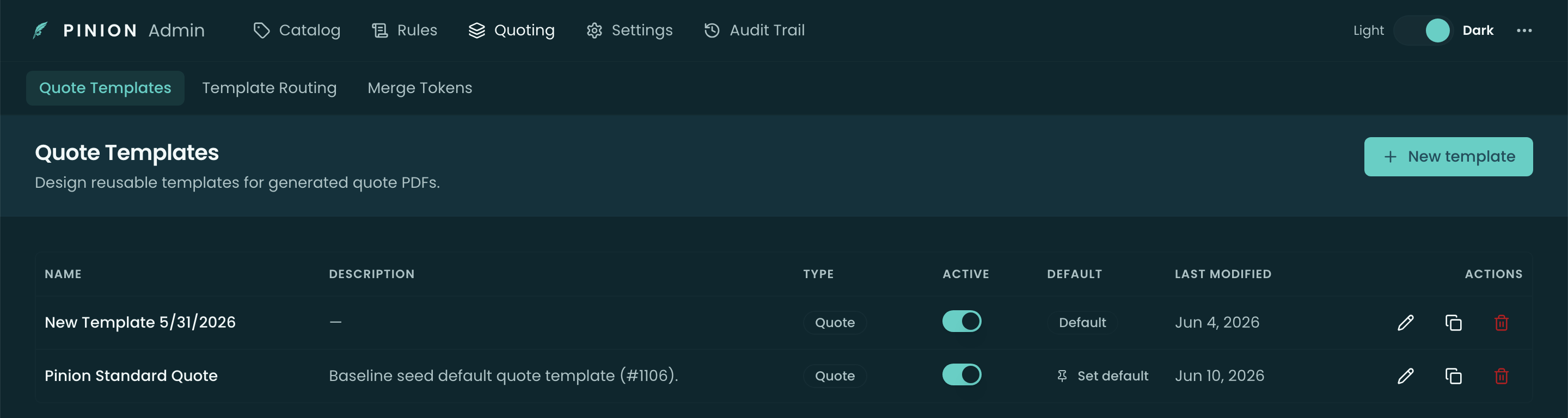The Quote Templates list — Name, Description, Type, Active toggle, Default badge, Last modified, and Edit/Clone/Delete actions