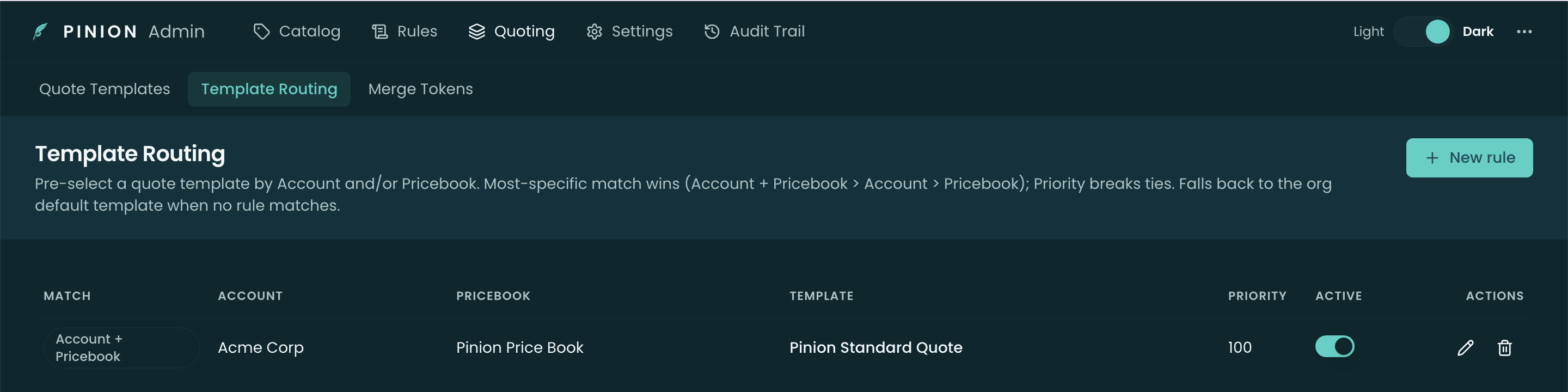 The Template Routing page — a table of rules with Match, Account, Pricebook, Template, Priority, and Active, plus an add-rule form with account and pricebook lookups