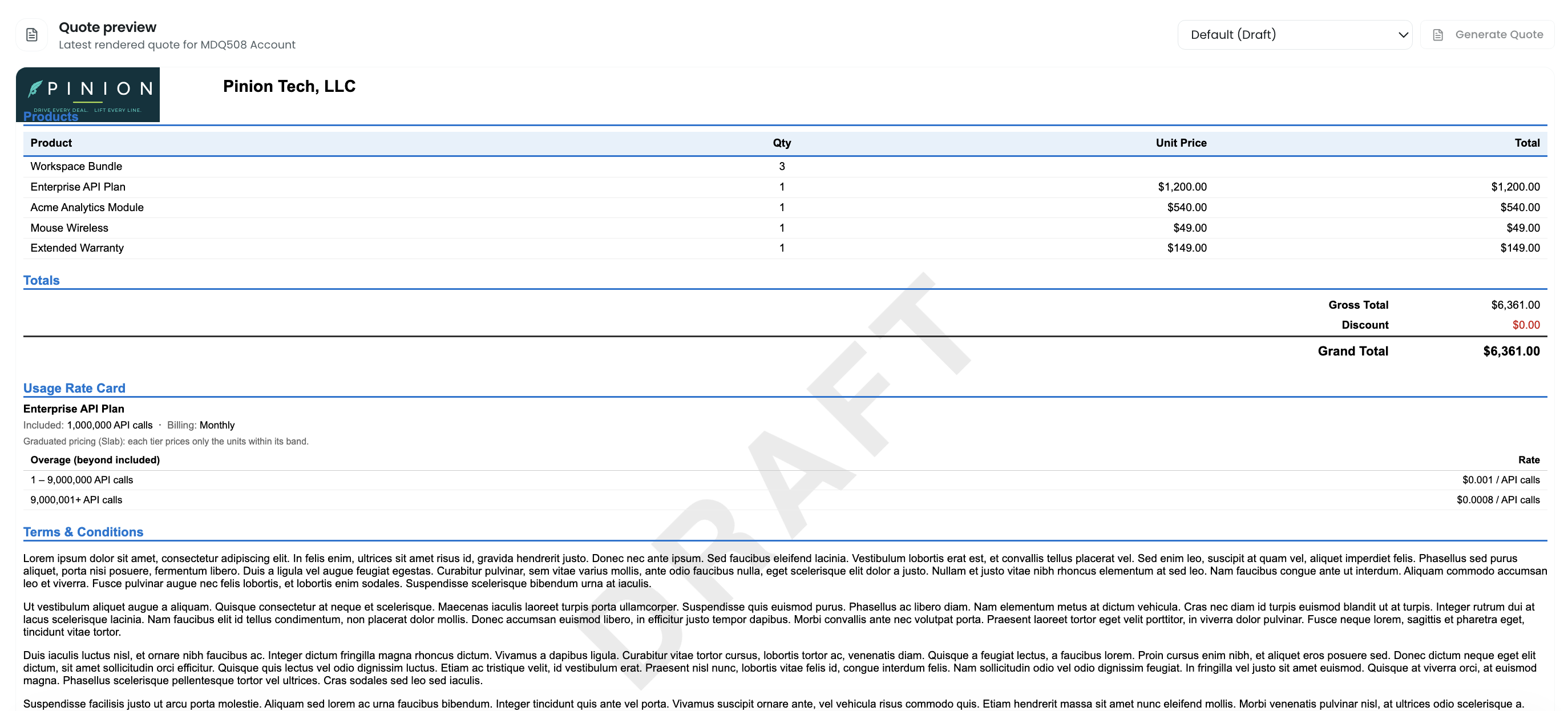 A generated quote PDF cropped to the Usage Rate Card section — the product name, an Included/Billing terms line, and a graduated overage table showing sub-cent per-unit rates and an open-ended top tier