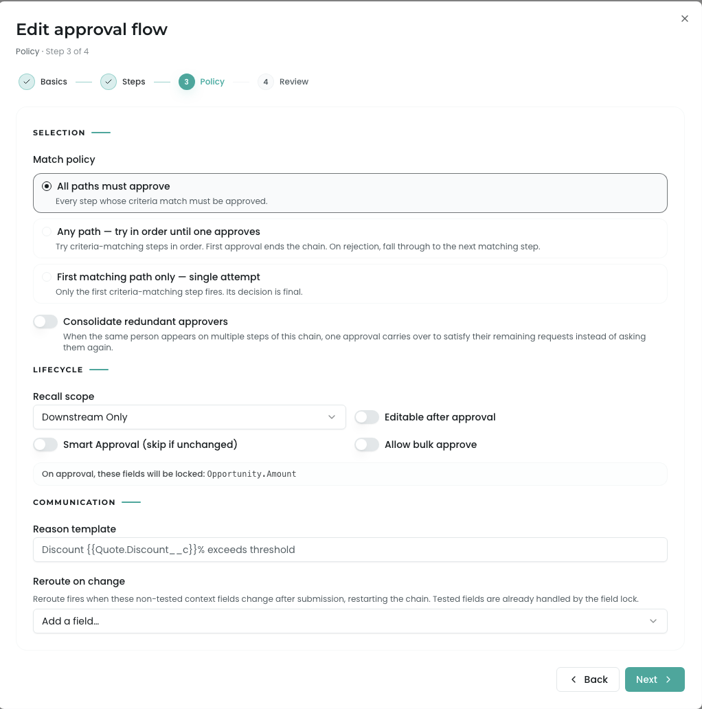Chain wizard Policy step — Selection, Lifecycle, Communication