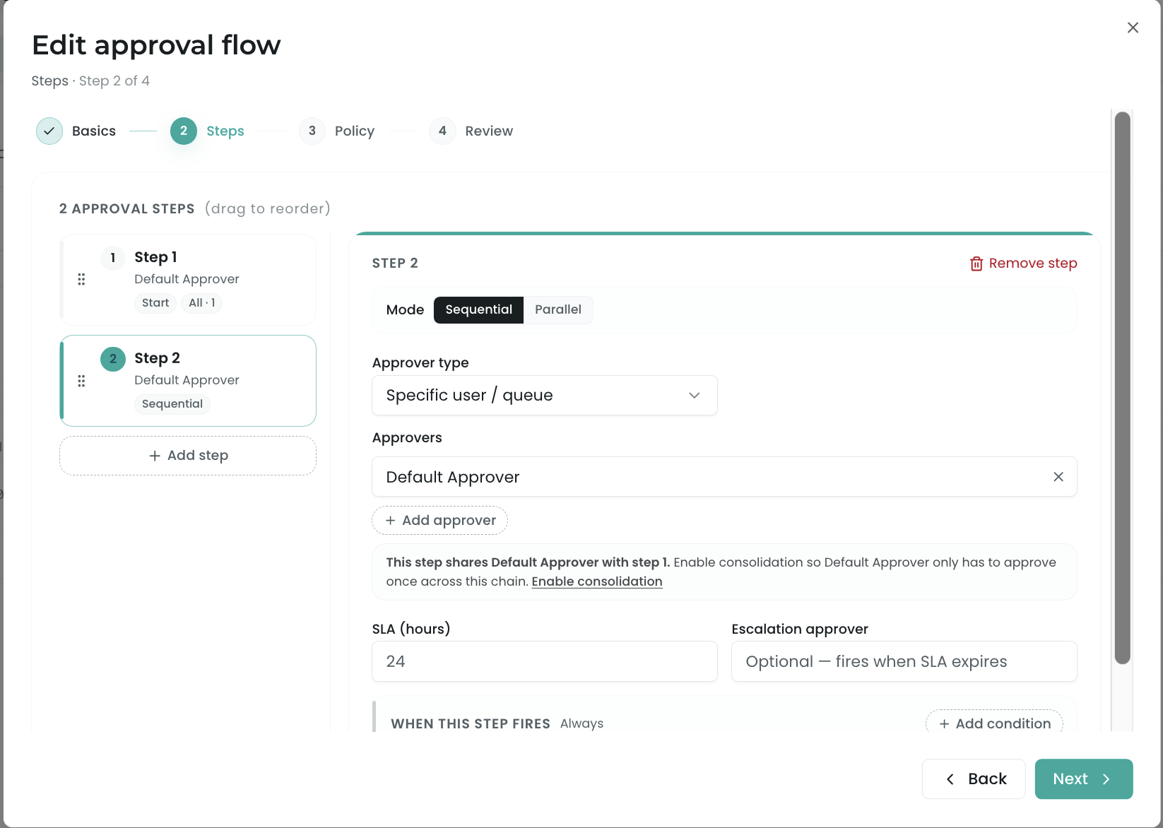 Chain wizard Steps step showing a step's mode, approver type, approvers, SLA, and conditions