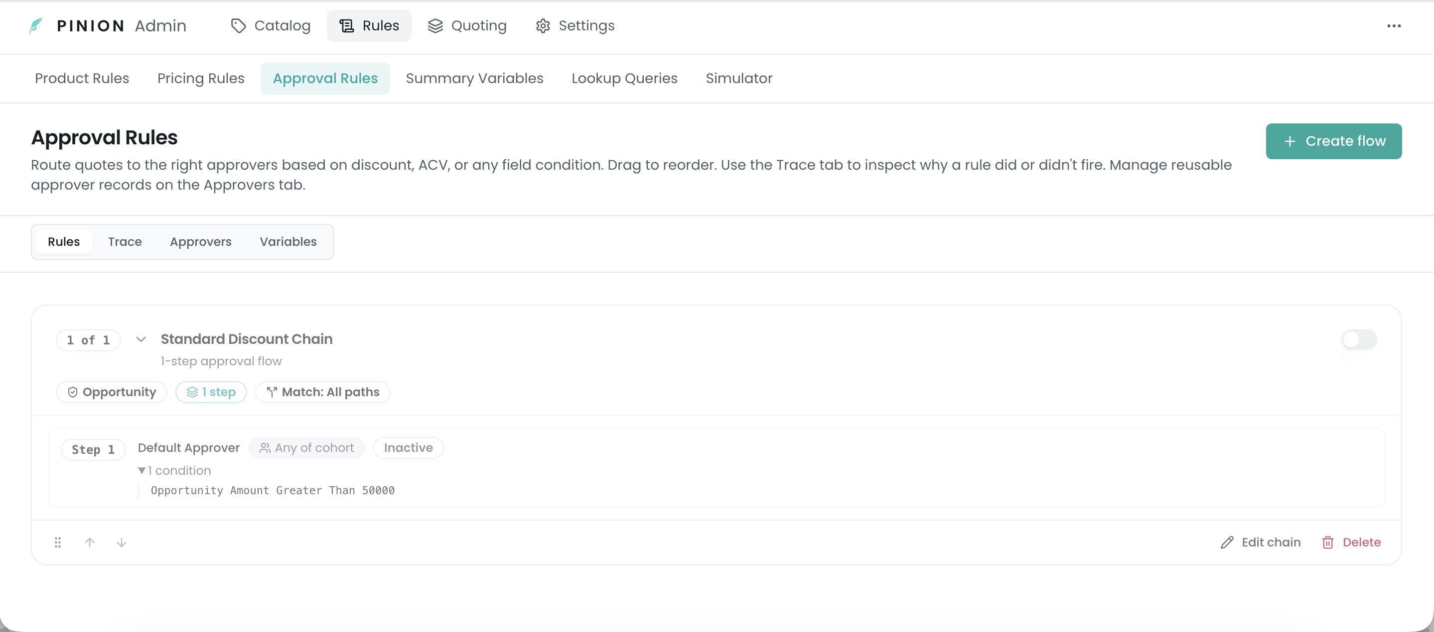 Approval Rules admin page with the Rules / Trace / Approvers / Variables sub-tabs