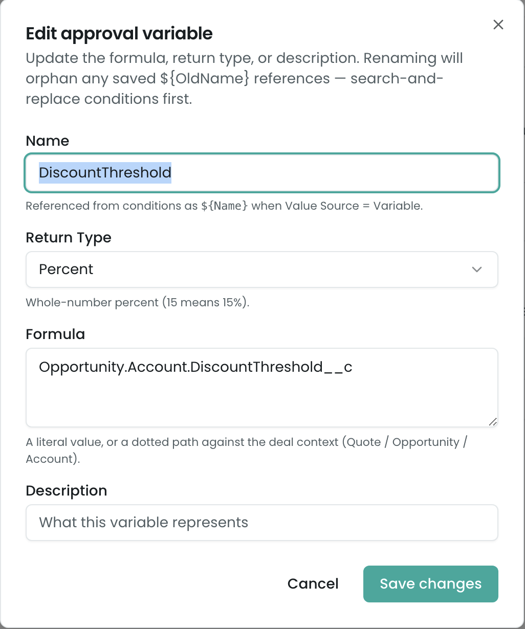 Edit approval variable — name, return type, formula