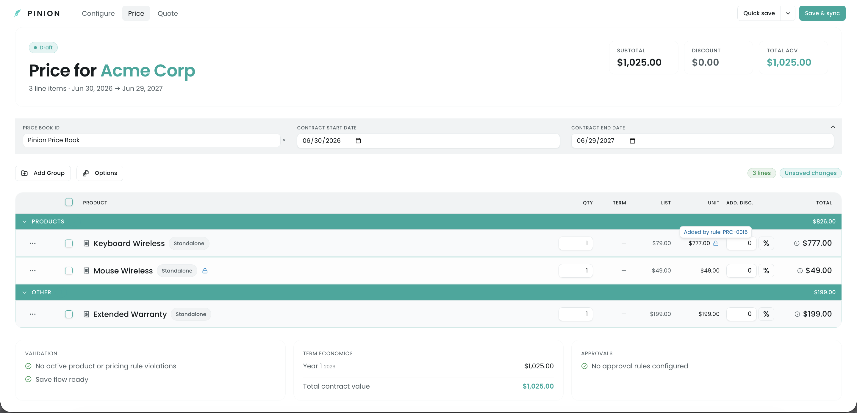 QLE Price tab line whose unit price was set by a locked pricing rule