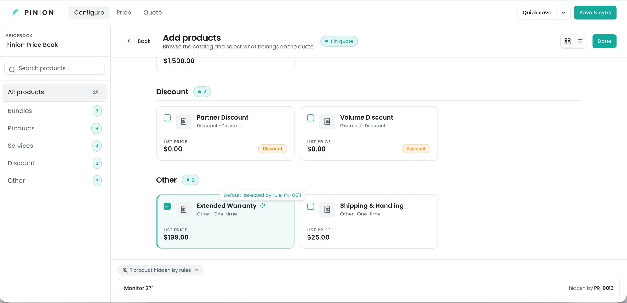 Configurator catalog showing a default-selected sparkle and the hidden-by-rules chip