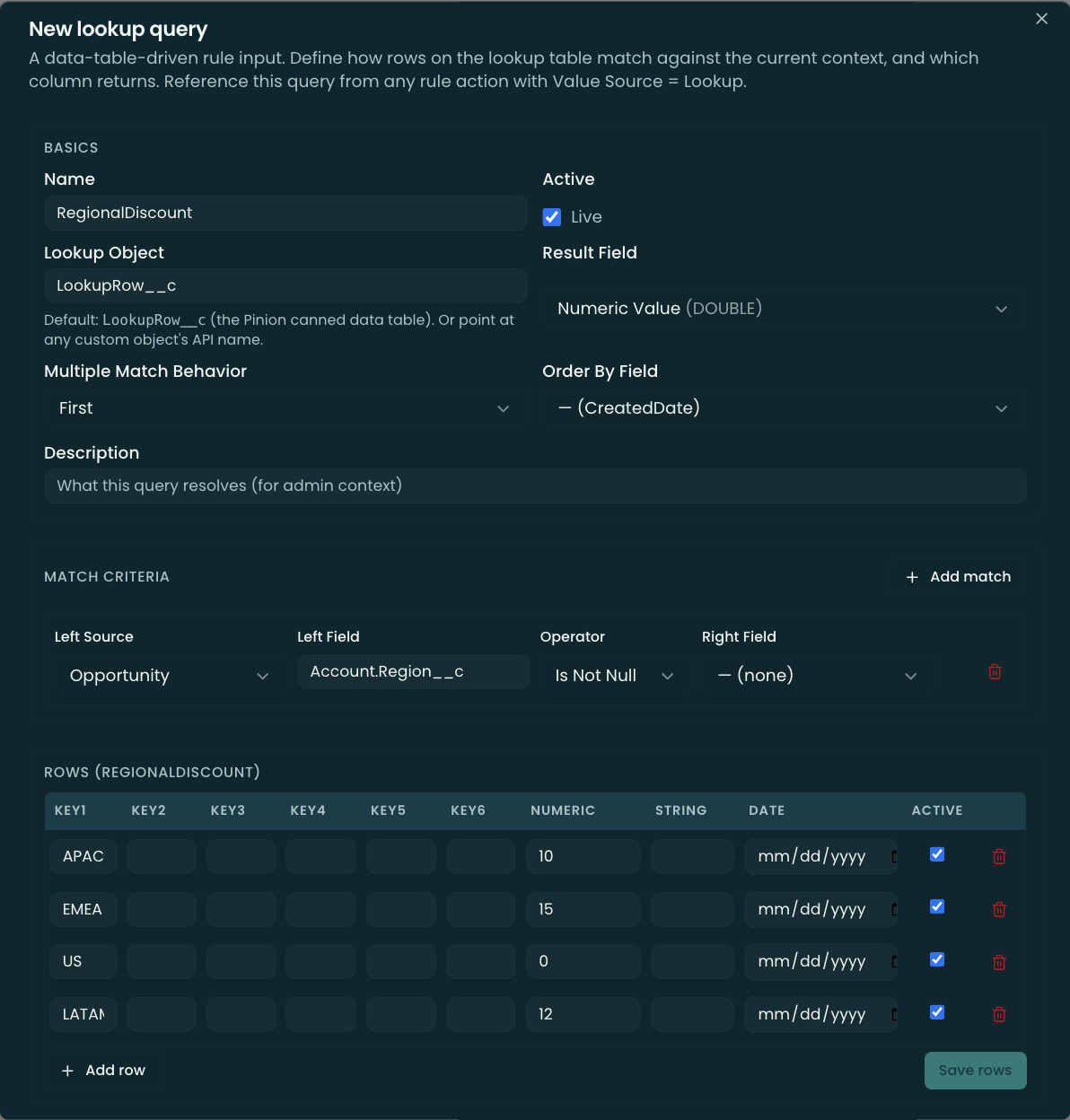 Lookup Query editor — header, match criteria, and the inline rows spreadsheet