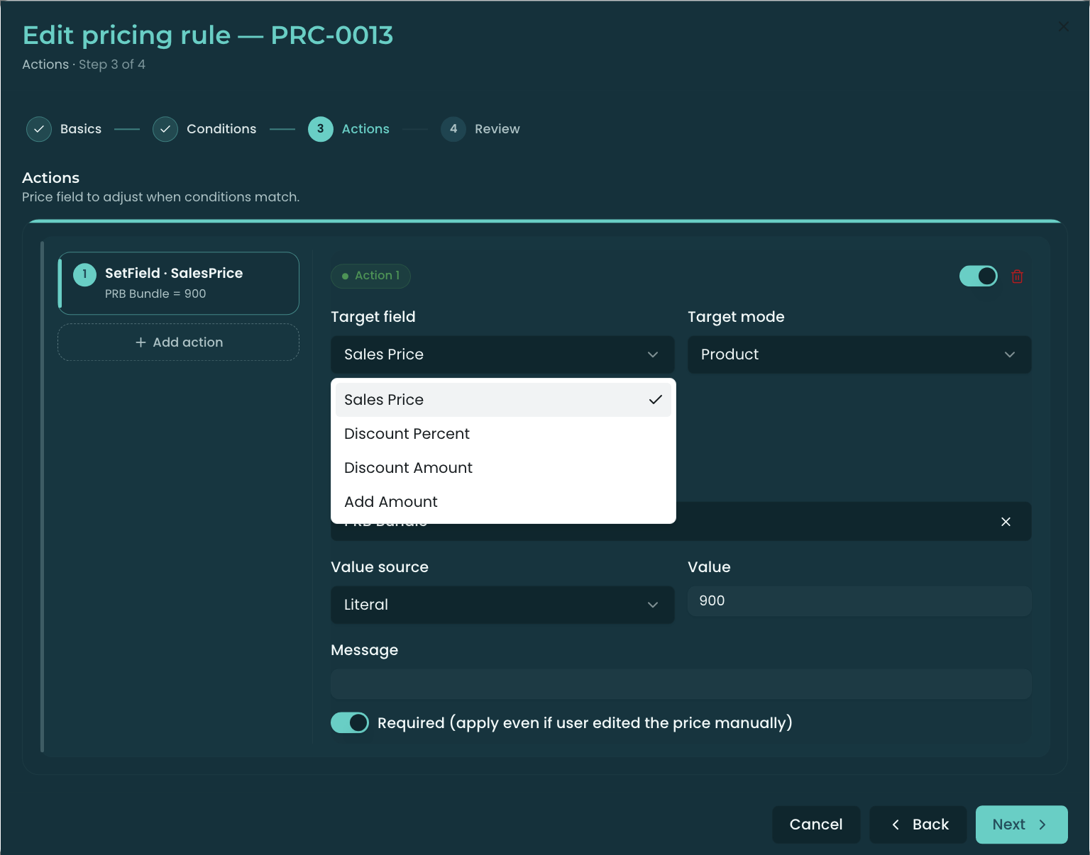 Rule wizard Actions step showing a price target field and value