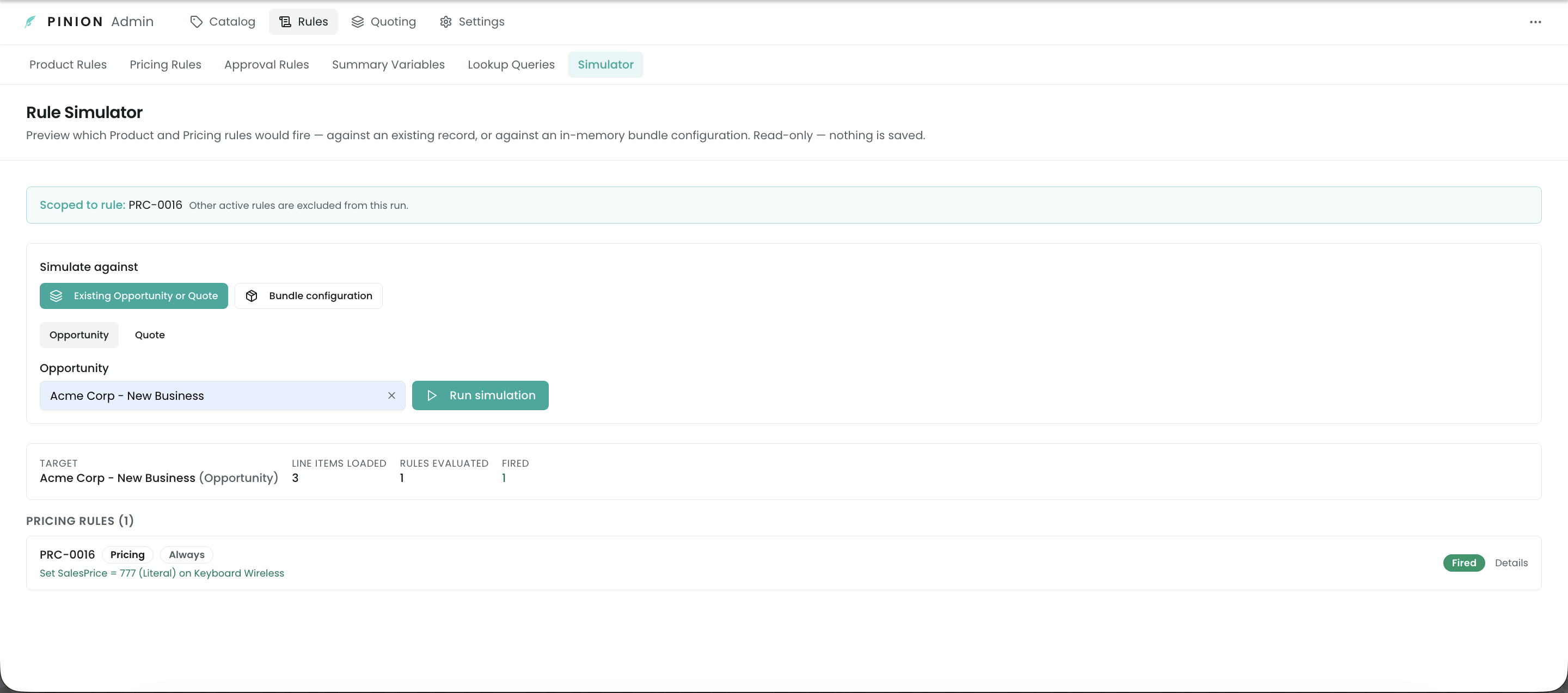Rule Simulator showing a pricing rule fired